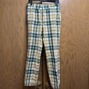 VTG Cotton Seersucker Linen Plaid Bell-Bottoms 1970s Pants 31x29 Green Yellow